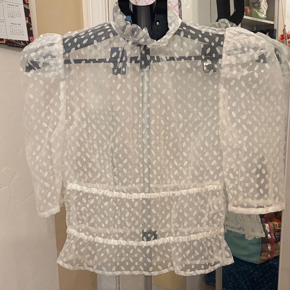 Camila Coelho White Polka Dot Sheer Blouse
